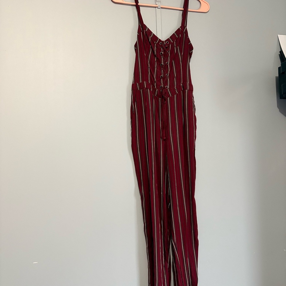 Hollister Burgundy and White Striped Jumpsuit